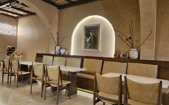 The Bloom Ngopi lounge with long banquettes